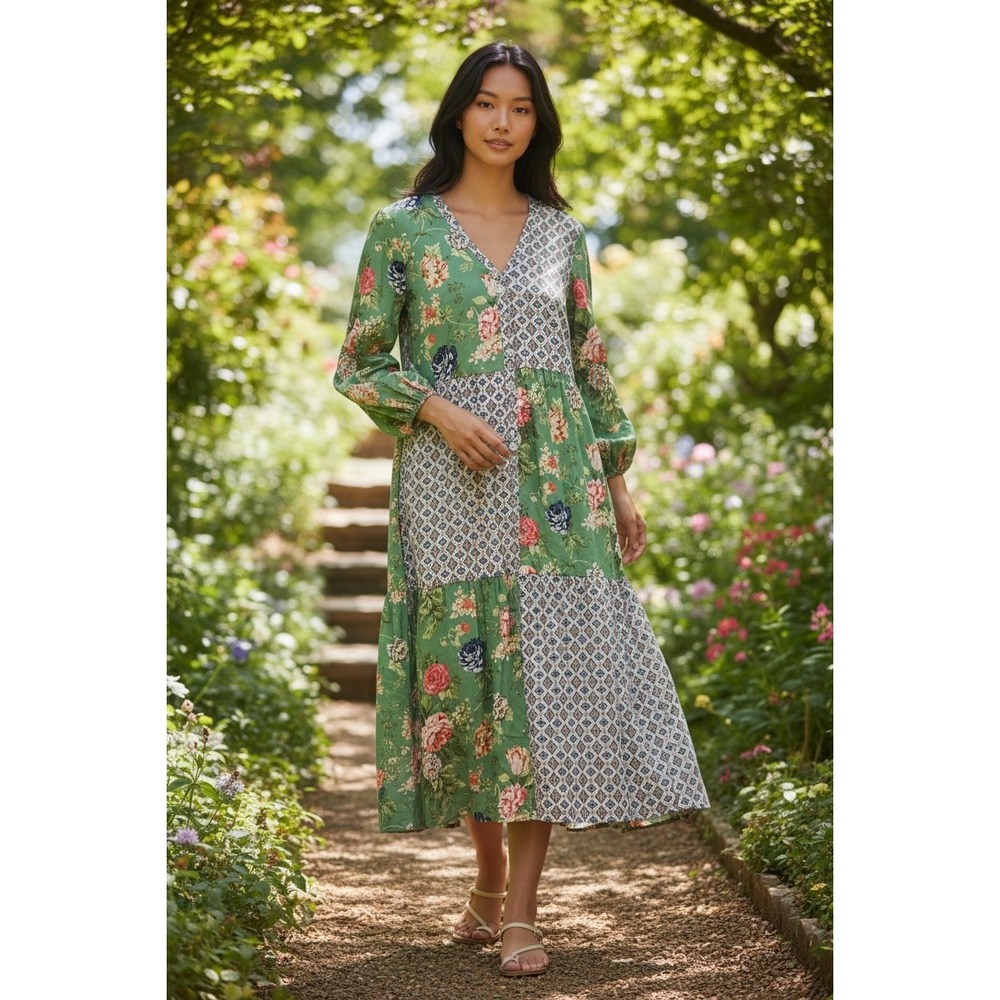 JustFashionNow Floral Patchwork Tiered Maxi Dress Green 2XL Boho peasant country